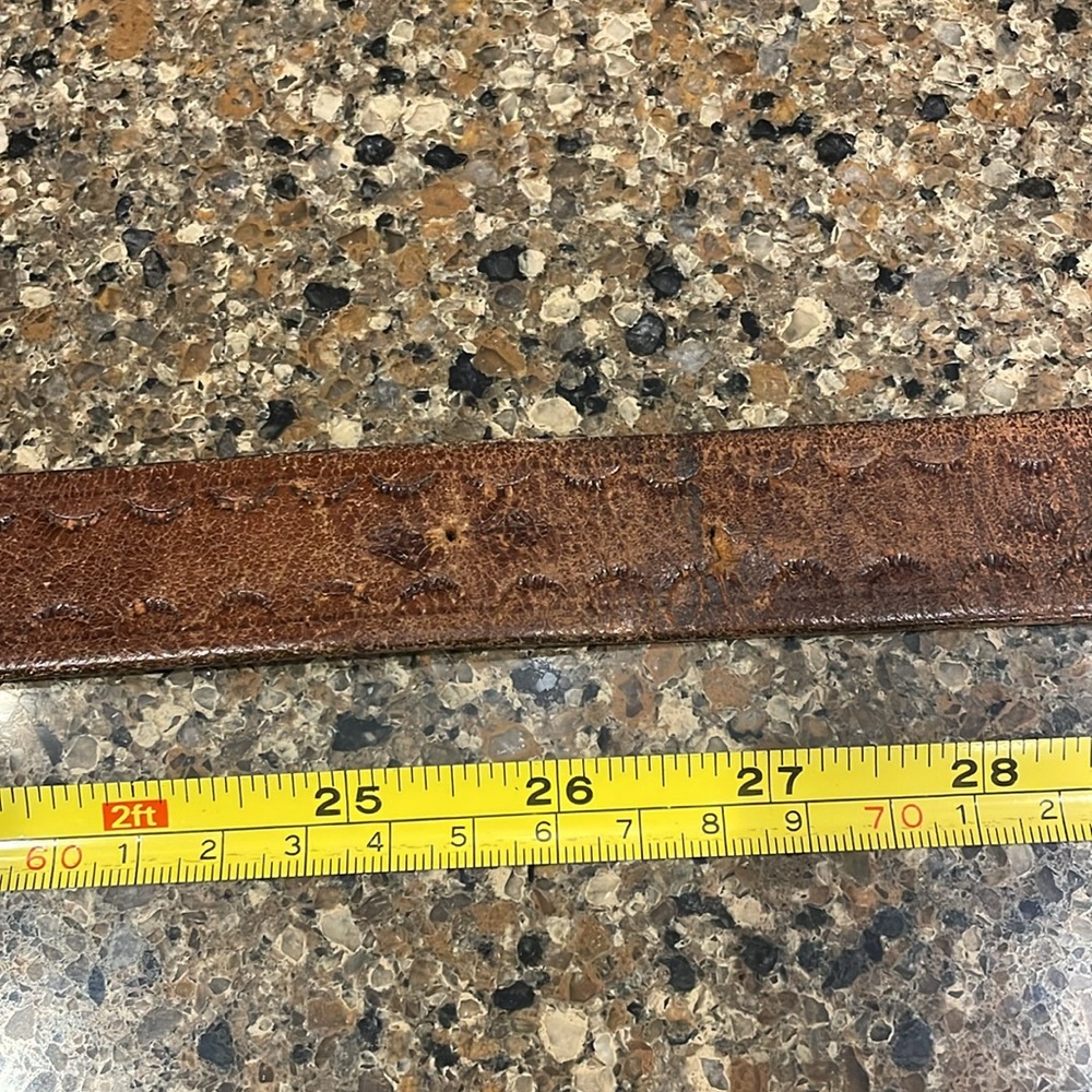 Vintage Art Deco Brass Buckle Brown Scrolled Leather Belt XL - Picture 12 of 14